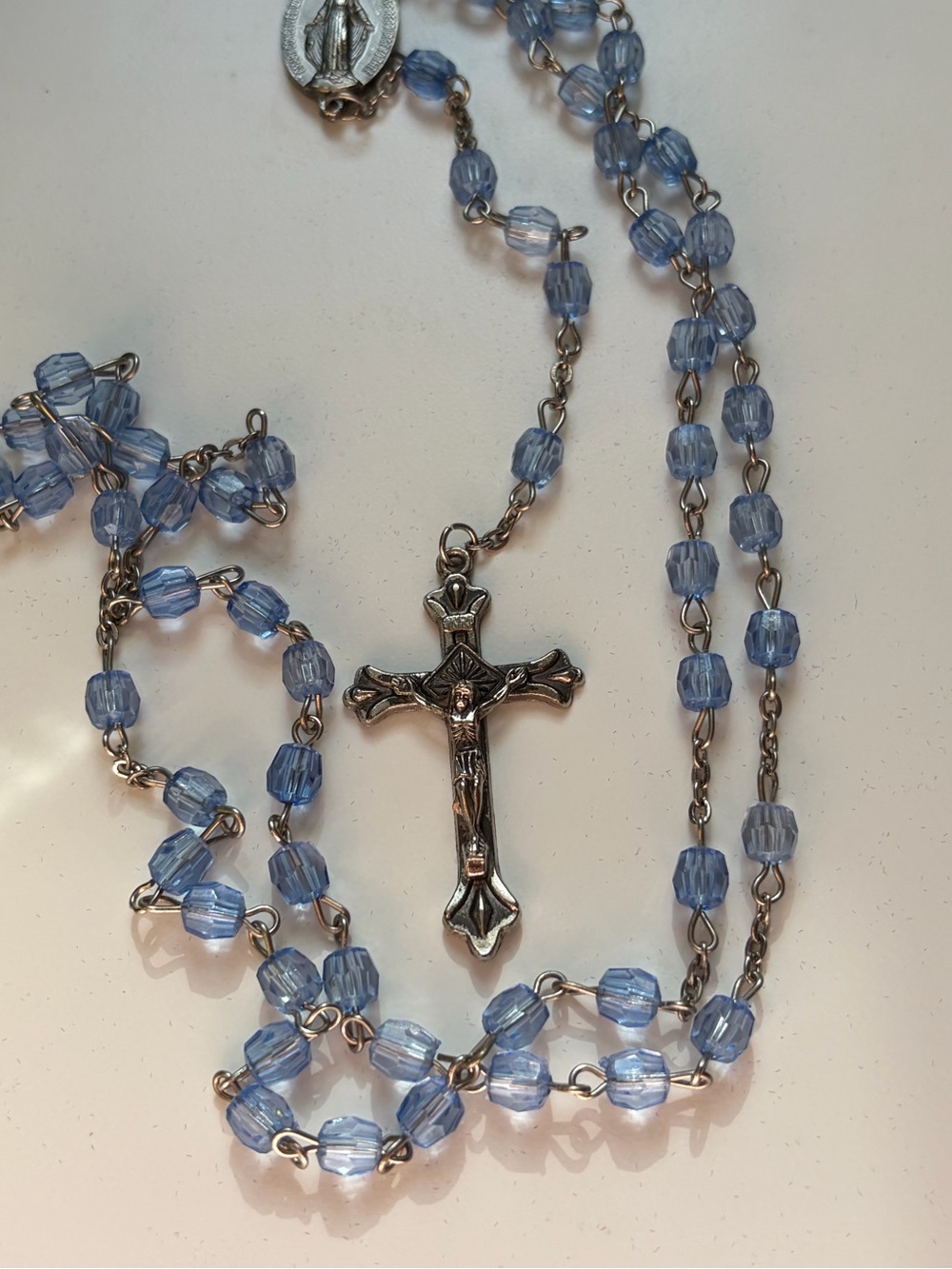 4/$100 Blue Glass Bead Rosary Necklace with Silver Crucifix